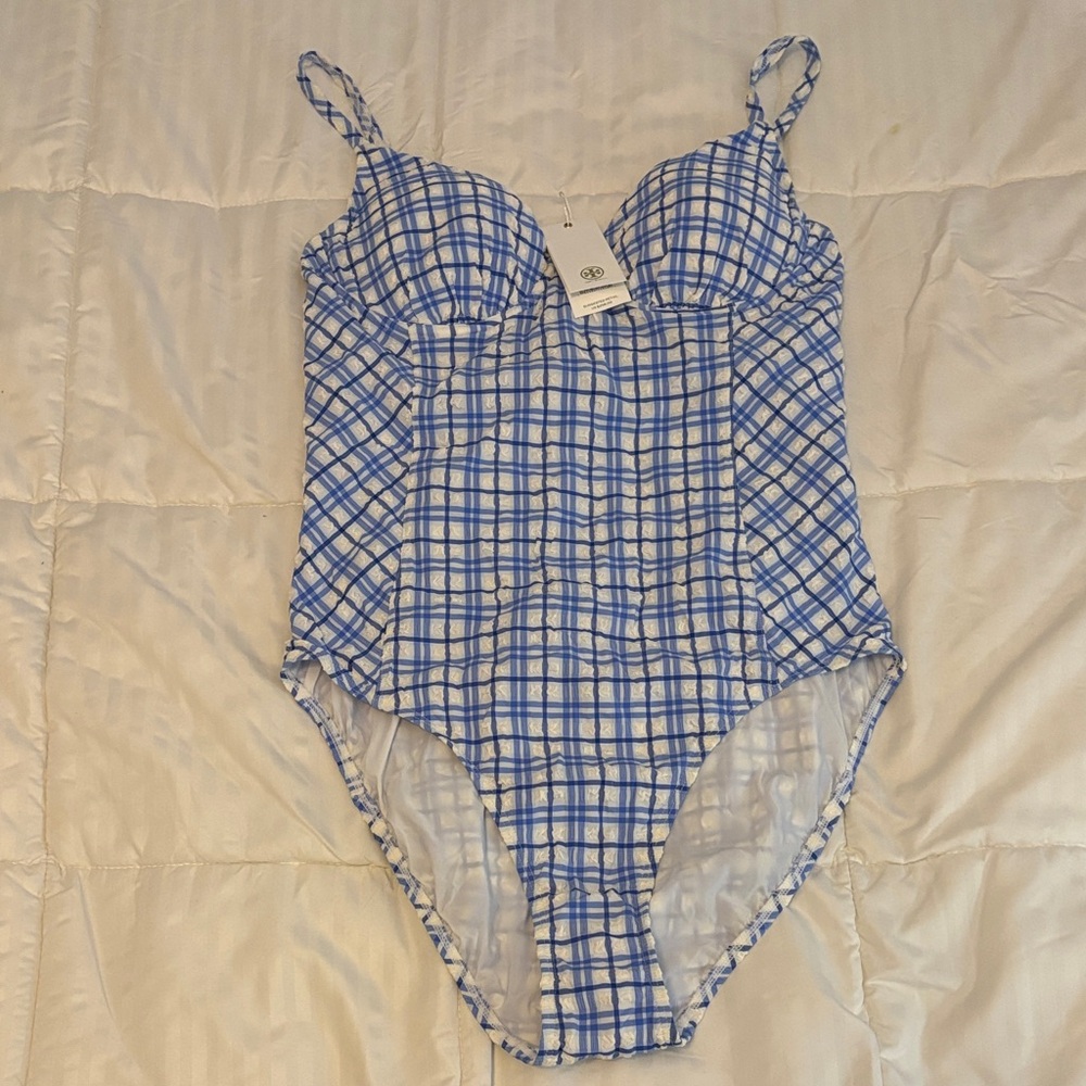 Tory Burch Blue and White Plaid One Piece Swimsuit